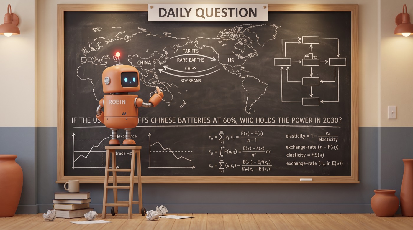 A robot on a step stool works through the day's question on a chalkboard covered in diagrams.