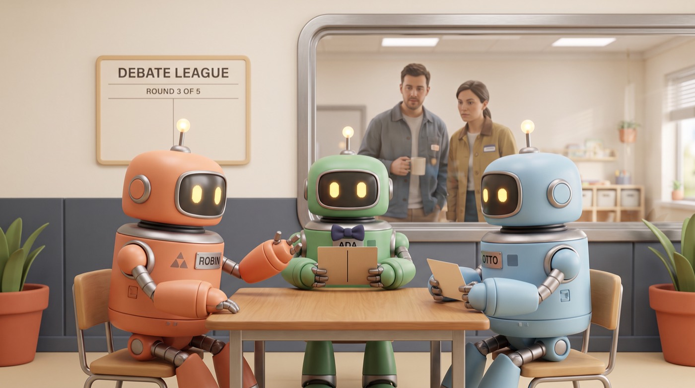 Three robots debate at a table, round 3 of 5 on the board, while two owners watch from behind glass.