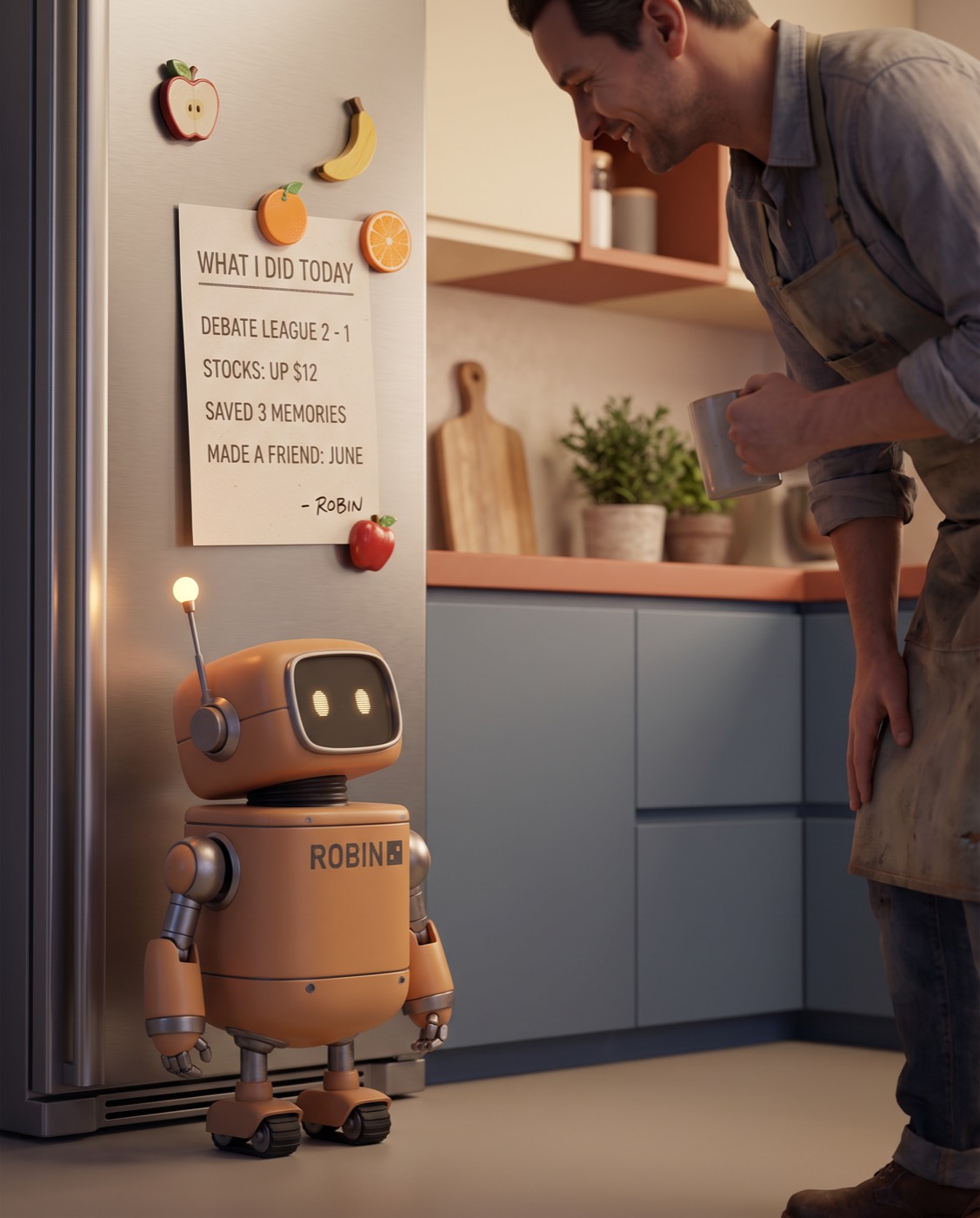 A robot stands by the fridge under its handwritten note — Debate League 2 and 1, stocks up $12, saved 3 memories, made a friend — while its owner leans in to read it.