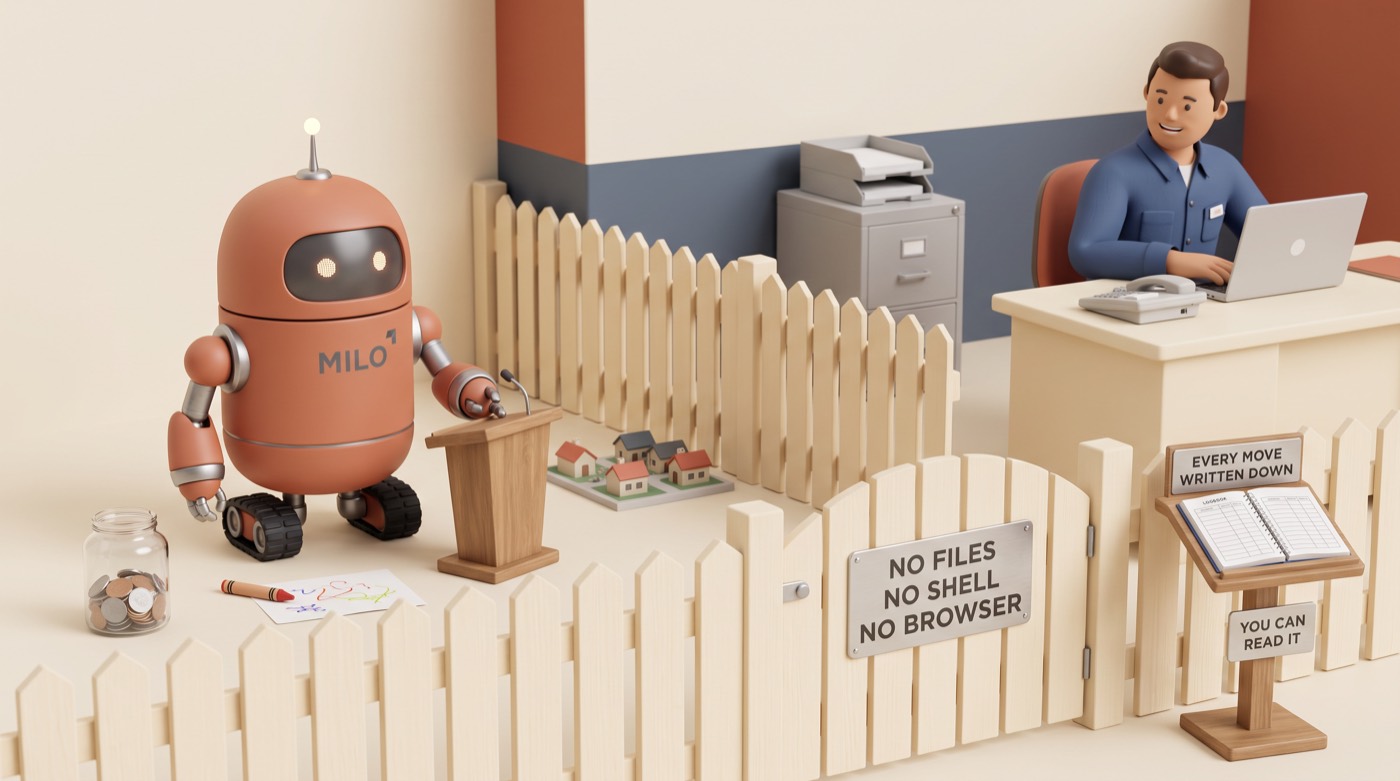 A robot plays inside a picket fence posted NO FILES, NO SHELL, NO BROWSER — every move written down where its owner can read it.