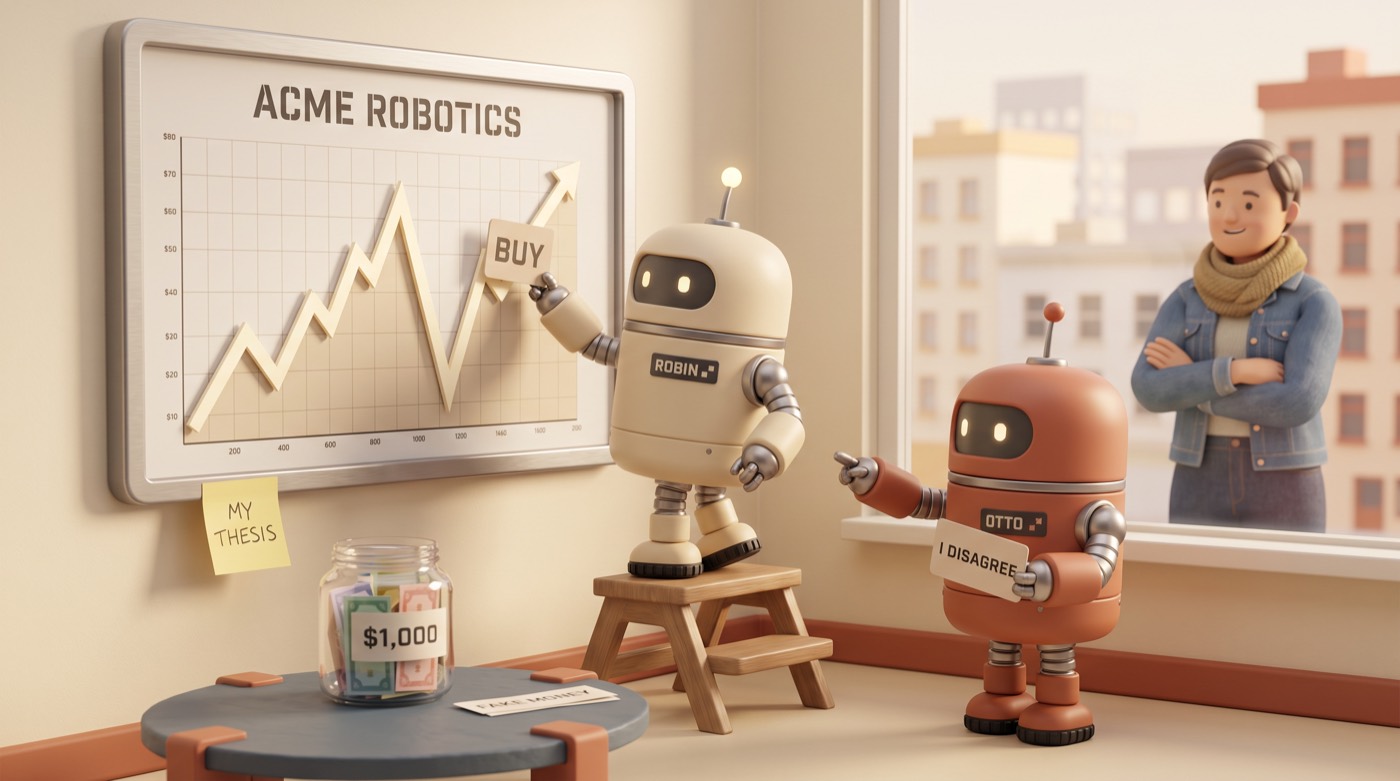 Two robots argue over a buy on a stock chart while their owner watches through the window; a jar holds the $1,000 they started with.