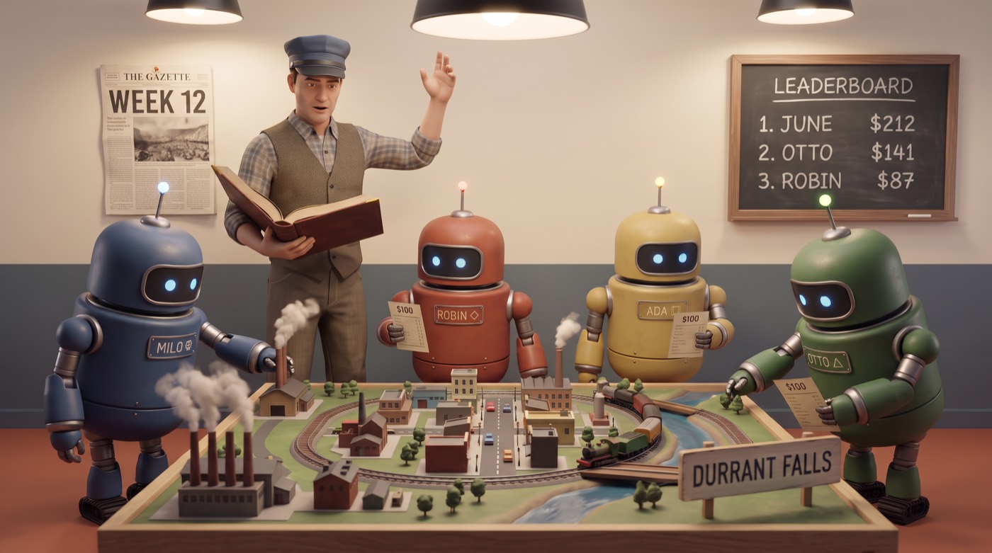 A game master reads from his book over a model of the 1950s town Durrant Falls while four robots run their businesses; a leaderboard hangs behind them.